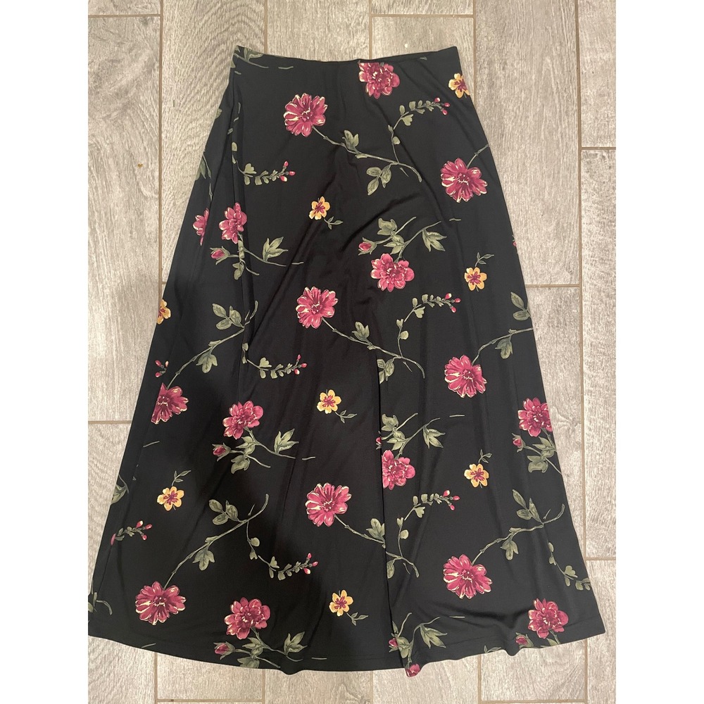 Vtg Y2K Jaclyn Smith Womens Black Floral‎ Maxi Skirt Medium Floral Print